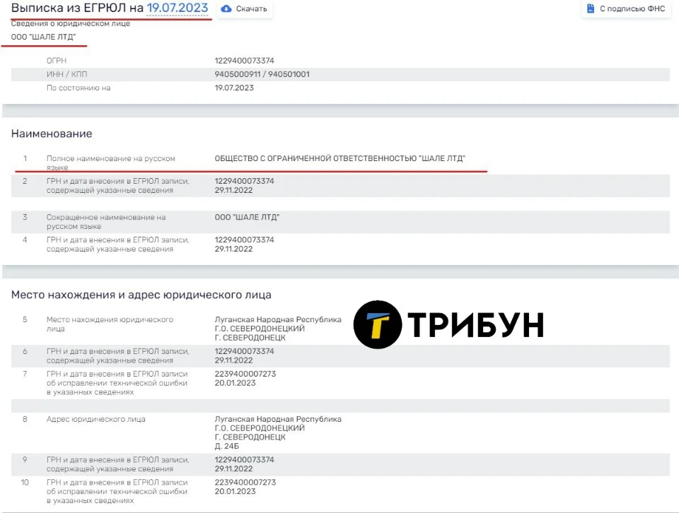 Документ з російського єдиного реєстру юридичних осіб