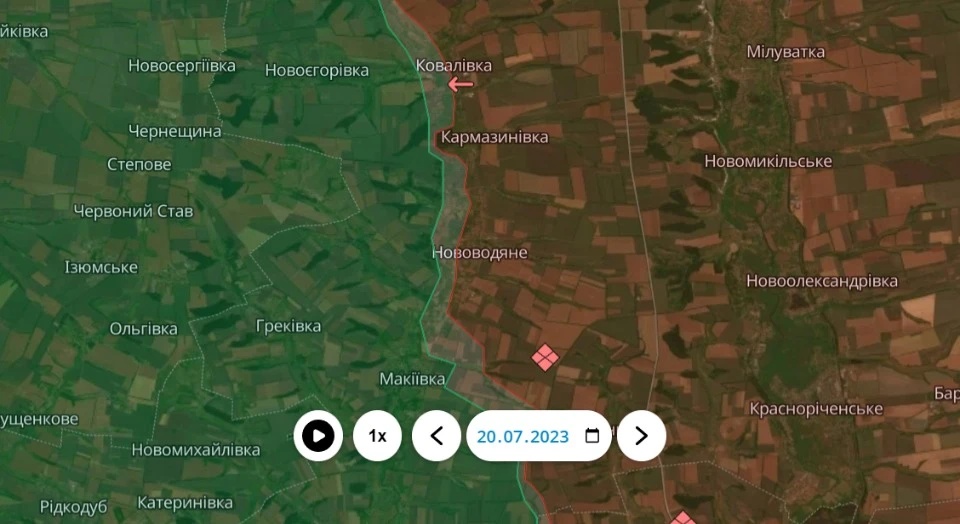 Скриншот карти Deepstate з ситуацією біля Кармазинівки на 20.07.2023