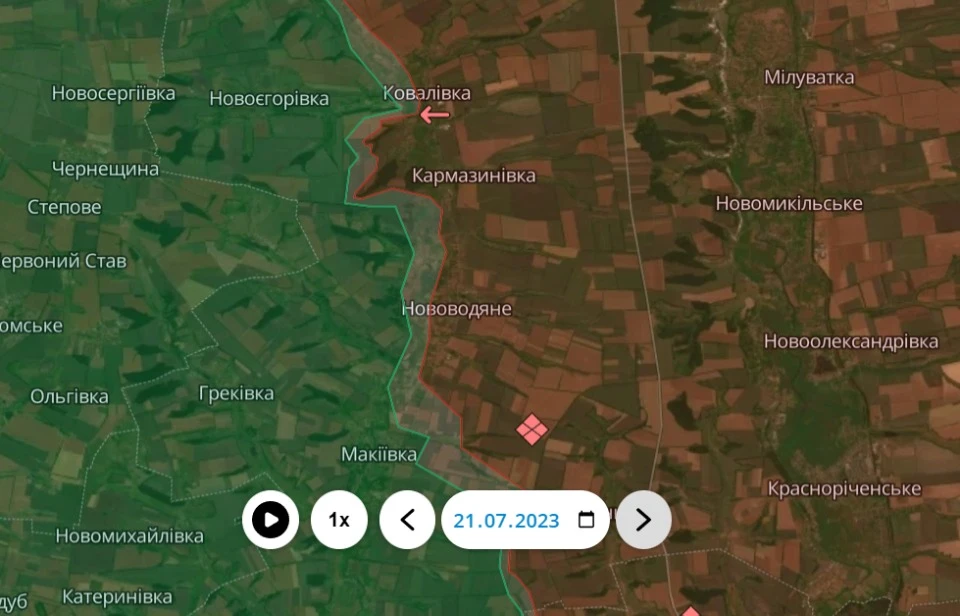 Скриншот карти Deepstate з ситуацією біля Кармазинівки на 21.07.2023