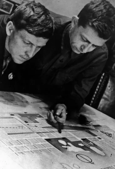 Олексій Стаханов і парторг шахти Костянтин Петров (праворуч),1936 рік/Бабель